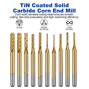 Twotrees TiN Coated Solid Carbide Corn End Mill Set 10PCS